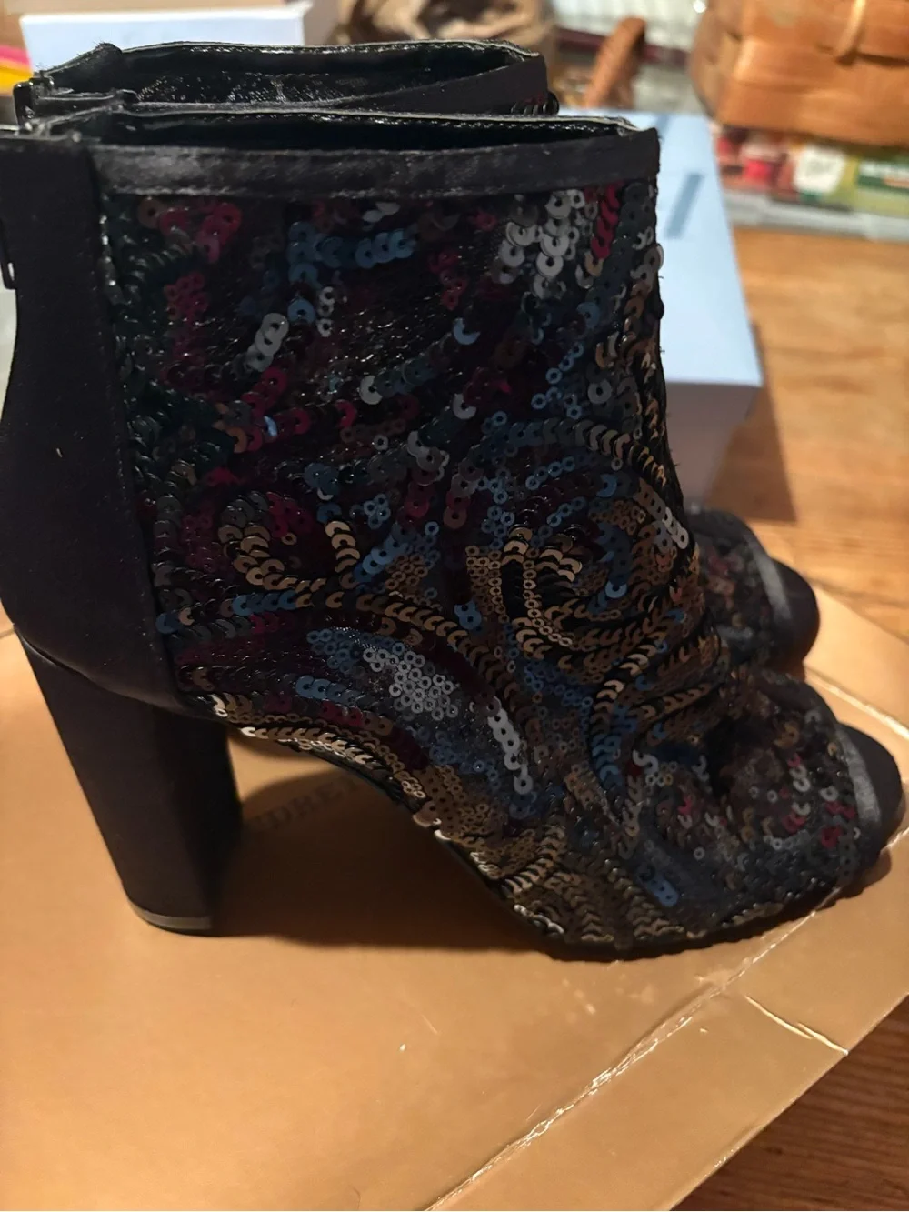Audrey Brooke Black Sequin Open-Toe Ankle Booties